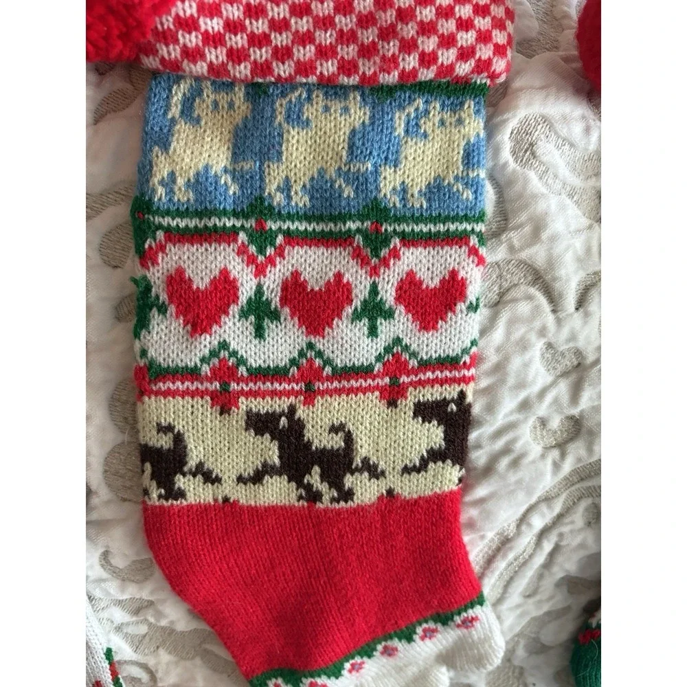 3 Vintage CHRISTMAS Stockings knit Dog, Santa/Carolers/Toys Merry Christmas 1960